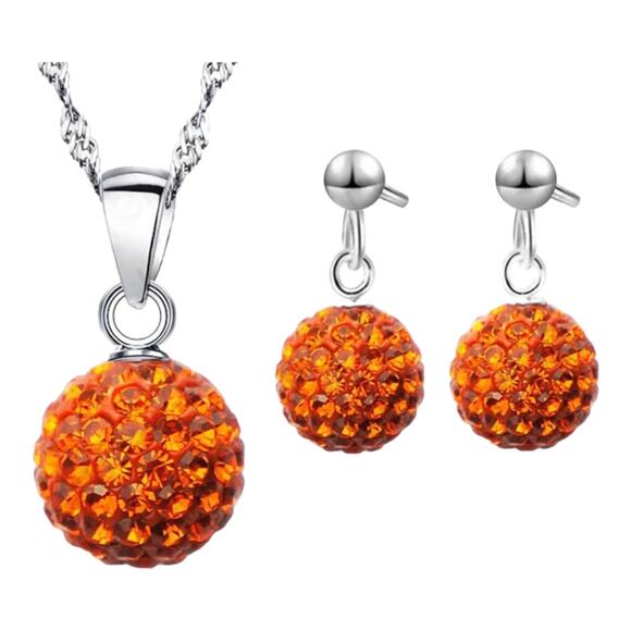 Orange Rhinestone Gemstone Birthstone Disco Ball Necklace & Drop Earrings Set - Picture 2 of 5